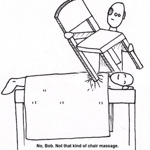 cartoon of someone giving chair massage with an actual chair